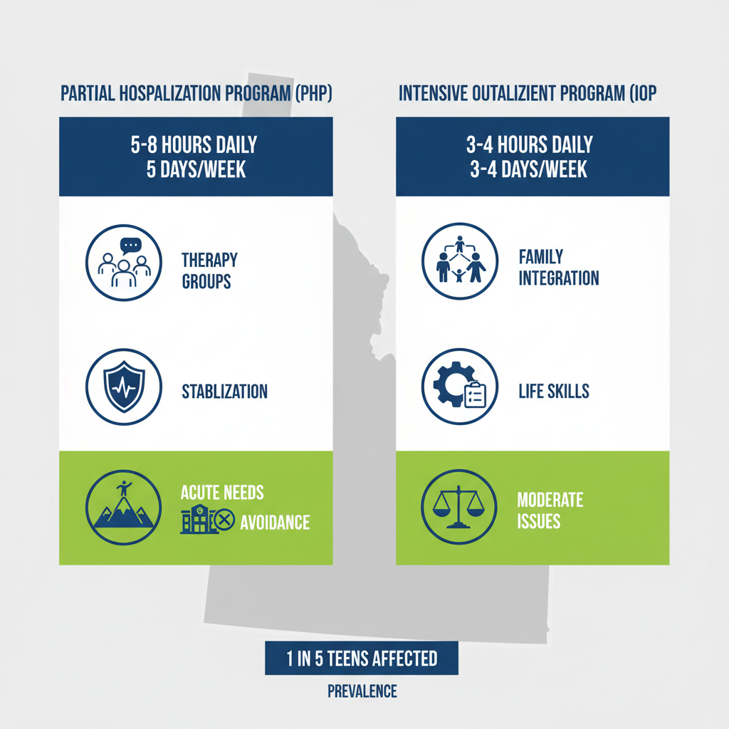 Infographic comparing PHP and IOP programs for adolescent mental health treatment in Idaho, showing schedules, intensities, and icons for skill-building.