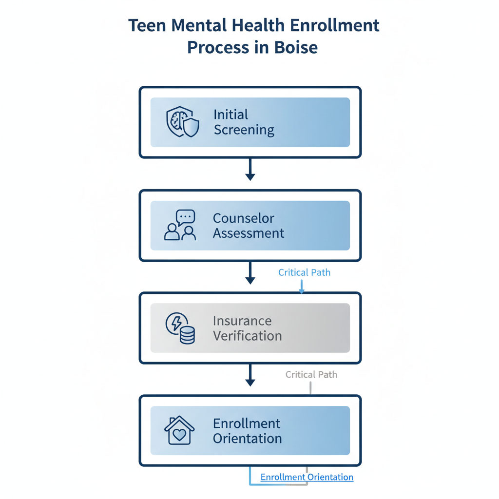 Vertical process flow diagram illustrating four steps to enroll in teen mental health programs: initial screening, counselor assessment, insurance verification, and enrollment orientation.