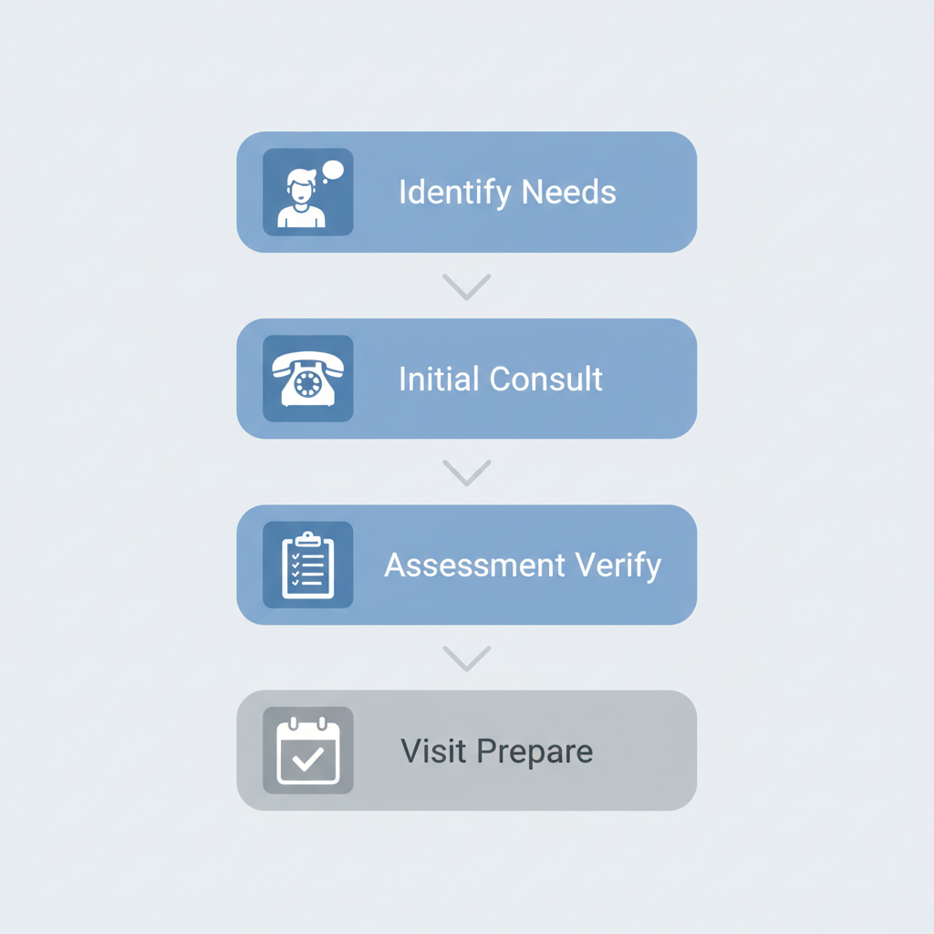 Vertical process flow illustrating four steps to enroll in teen mental health programs: identify needs, initial consultation, assessment verification, and prepare for first visit.