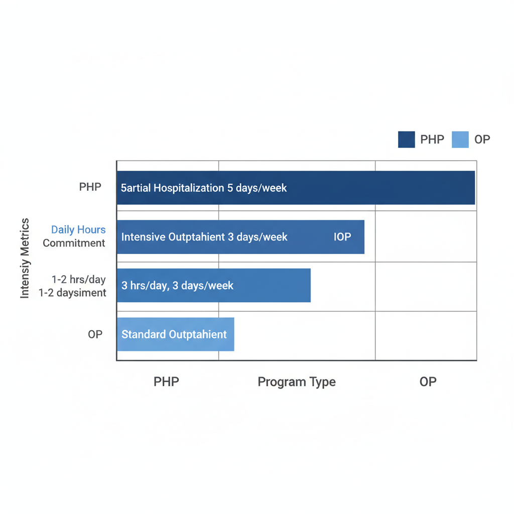 Horizontal bar chart comparing intensity levels of PHP, IOP, and OP outpatient programs for teens in Idaho