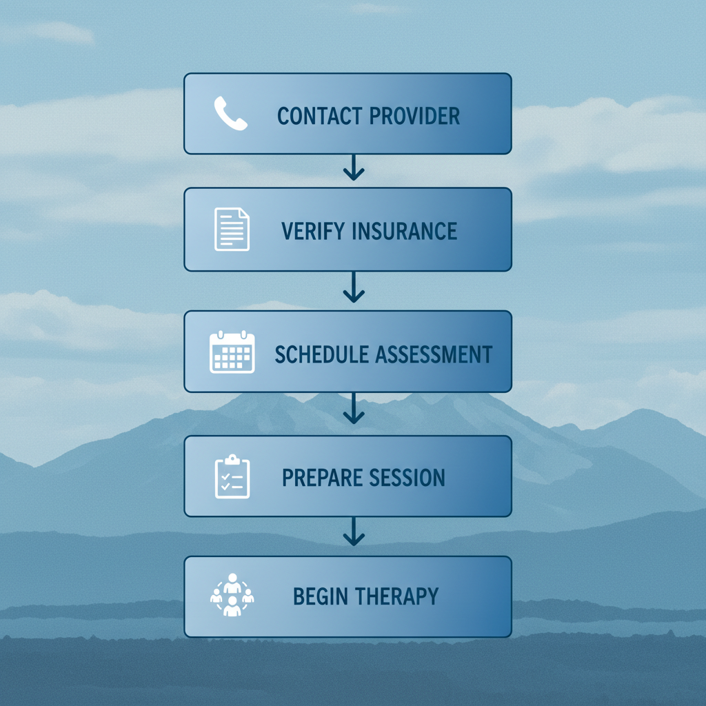 Vertical process flow diagram showing five steps to start mental health care: contact provider, verify insurance, schedule assessment, prepare session, and begin therapy.