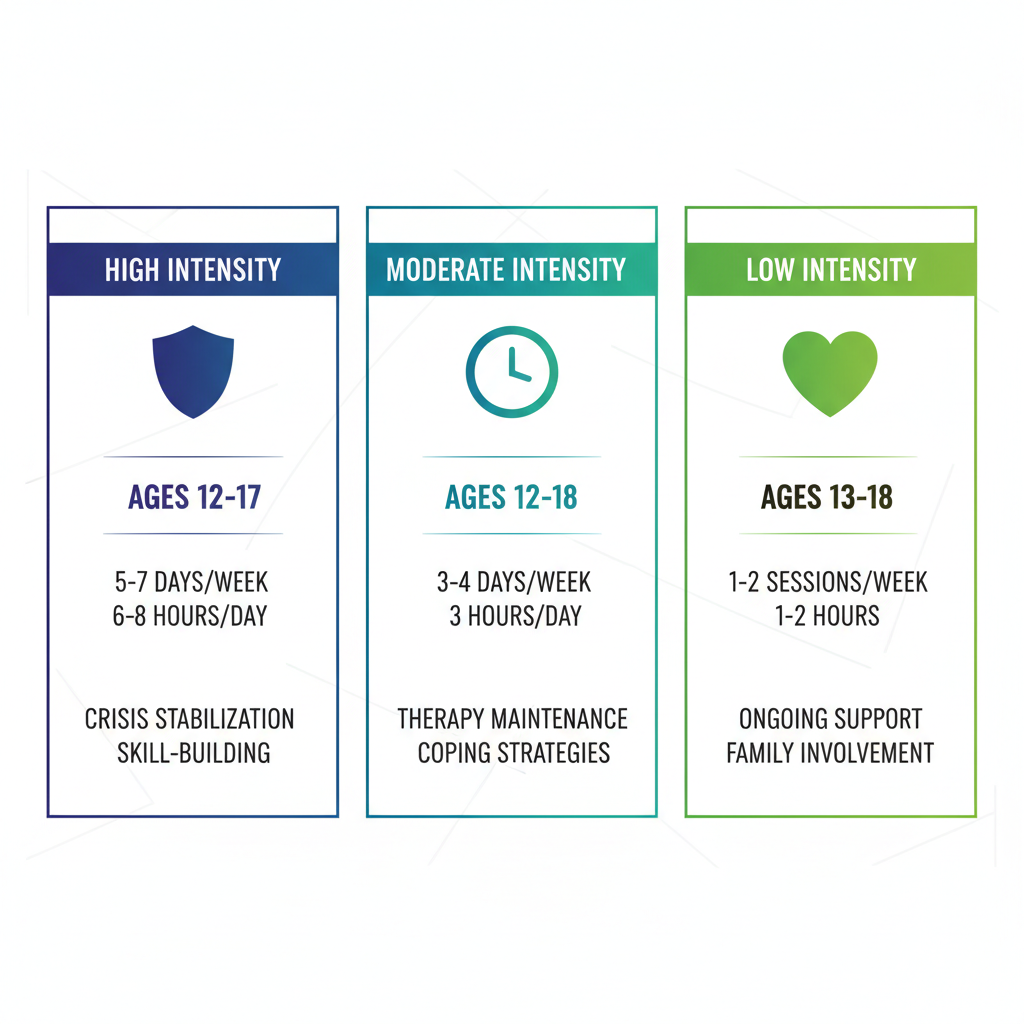 Infographic comparing adolescent mental health programs in Idaho: PHP, IOP, and OP with icons and key details.