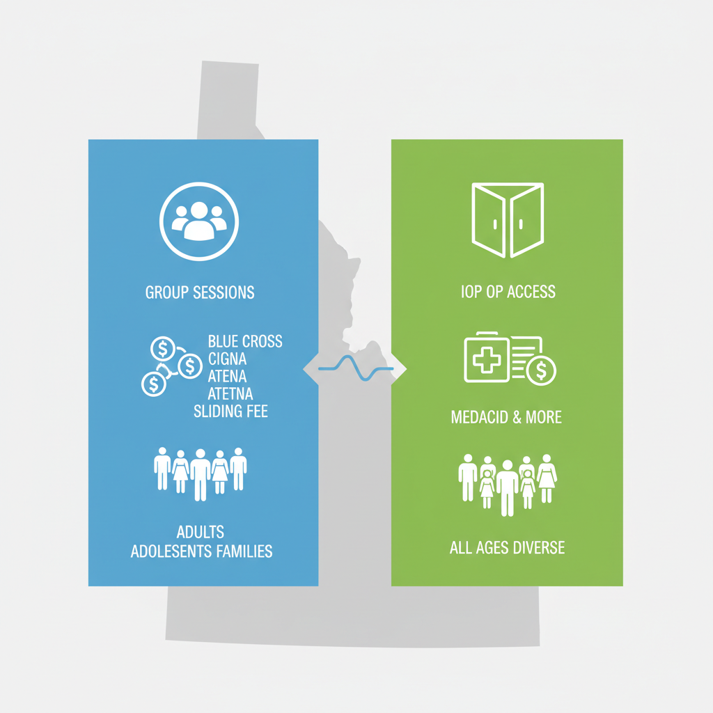 Infographic comparing mental health services availability in Nampa versus Boise, Idaho, highlighting IOP, insurance, and target demographics with icons and minimal labels.