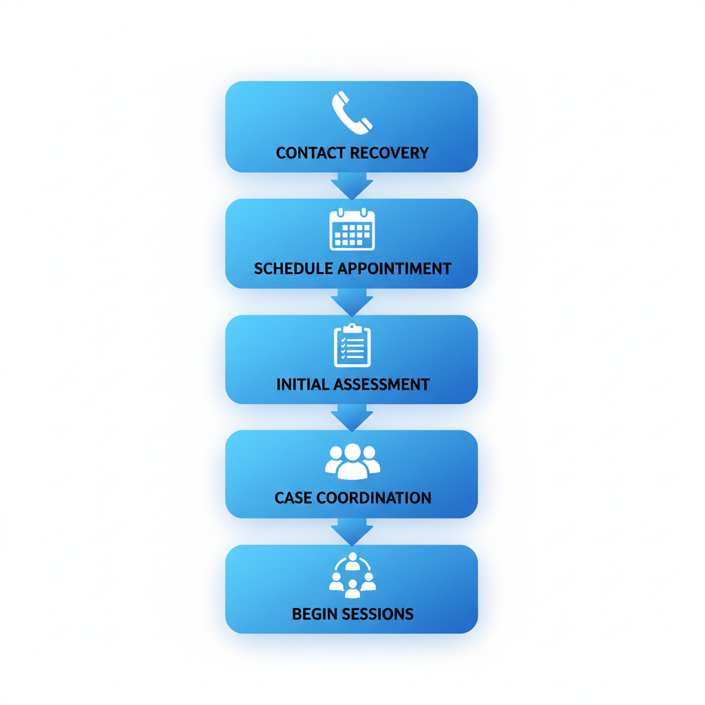 Vertical flowchart illustrating five steps to start mental health treatment: contact, schedule, assessment, coordination, and begin sessions with relevant icons.