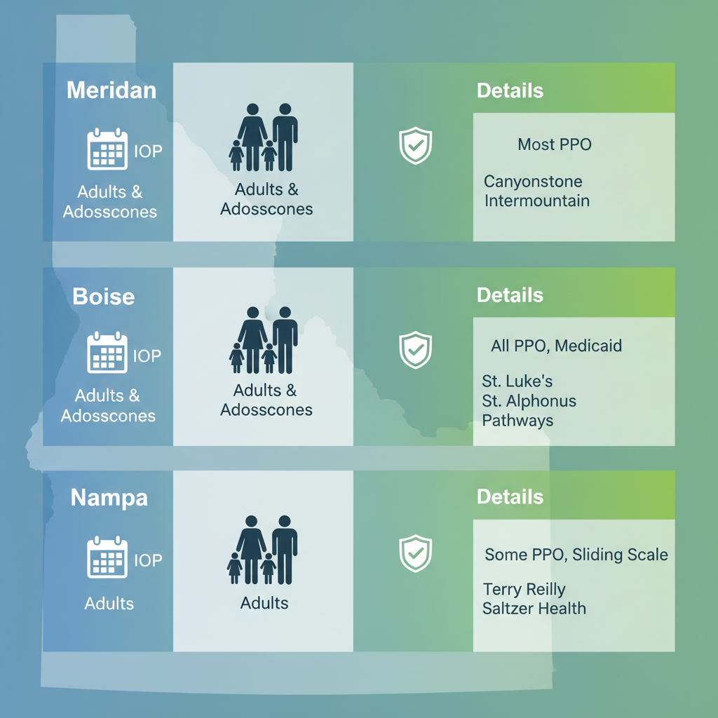 Infographic comparing mental health resources and programs in Meridian, Boise, and Nampa, Central Idaho