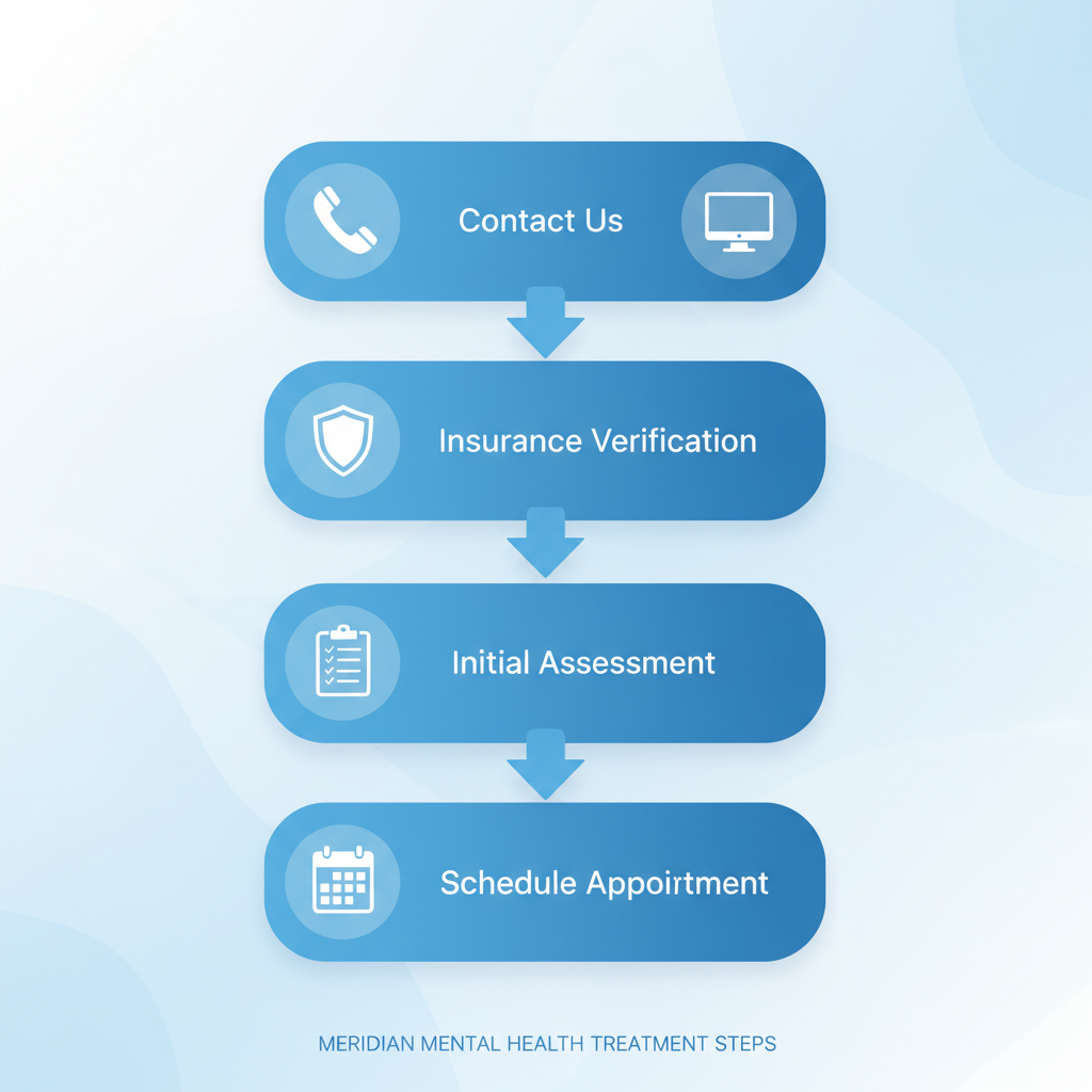 Vertical process flow illustrating four steps to schedule mental health services: contact, insurance verification, initial assessment, and appointment scheduling.