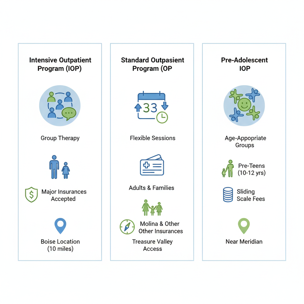 Infographic comparing three mental health programs in Meridian: IOP for adults and adolescents, OP for flexible family care, and Pre-Adolescent IOP for pre-teens.