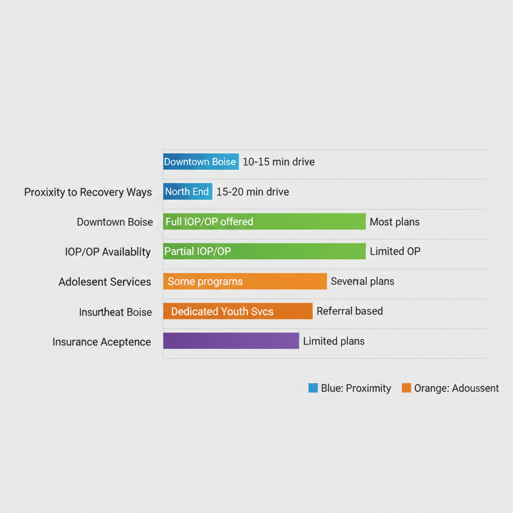 Horizontal bar chart comparing mental health services in Boise areas including proximity, IOP/OP availability, adolescent programs, and insurance acceptance.