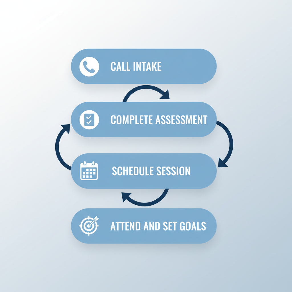 Diagram illustrating the four steps to begin outpatient counseling: call intake, complete assessment, schedule session, and attend to set goals.