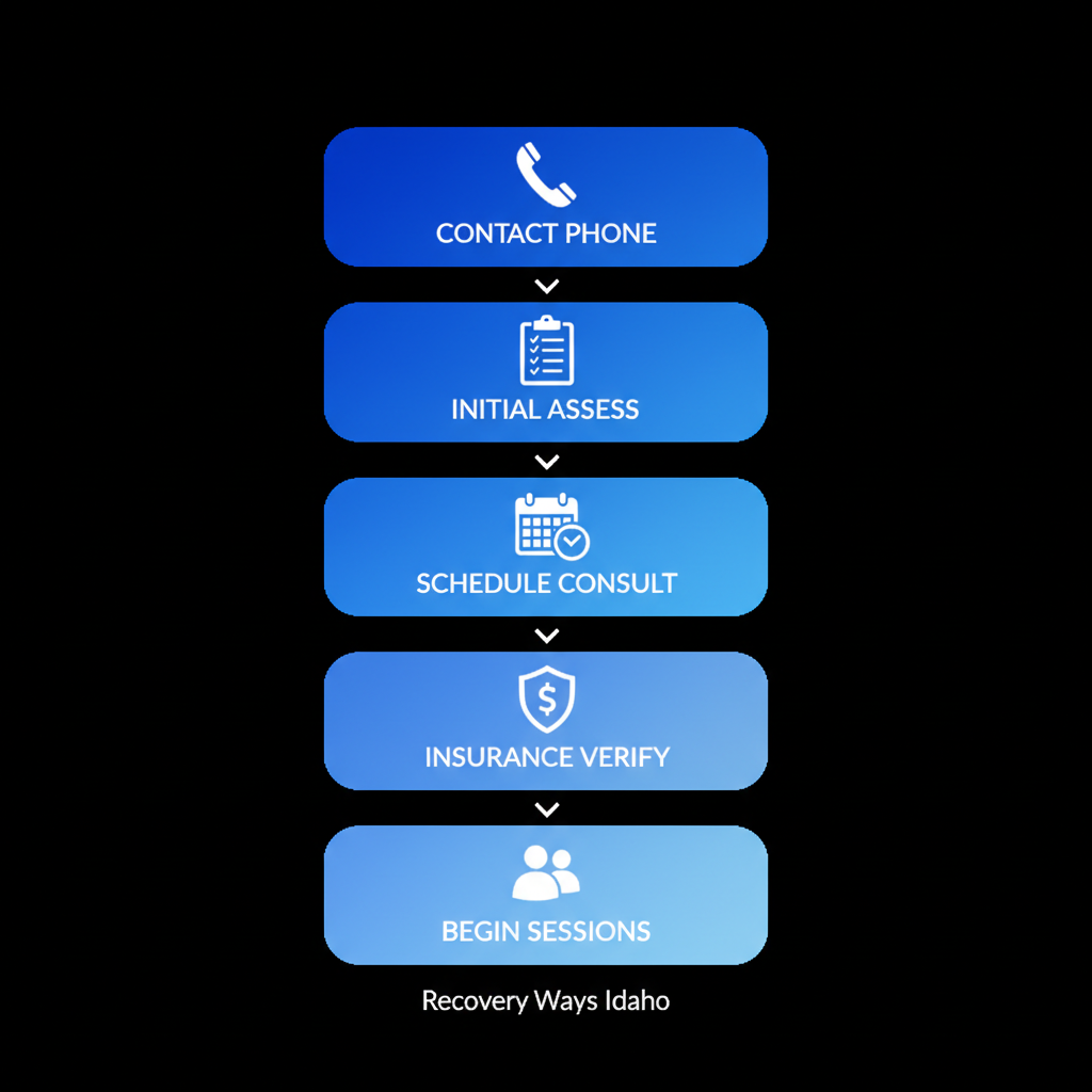 Vertical process flow illustrating five steps to start mental health services: contact by phone, initial assessment, schedule consultation, insurance verification, and begin sessions with icons.