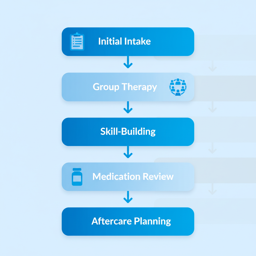 Vertical process flow diagram showing steps in a behavioral health intensive outpatient program: intake, group therapy, skill-building, medication review, and aftercare.