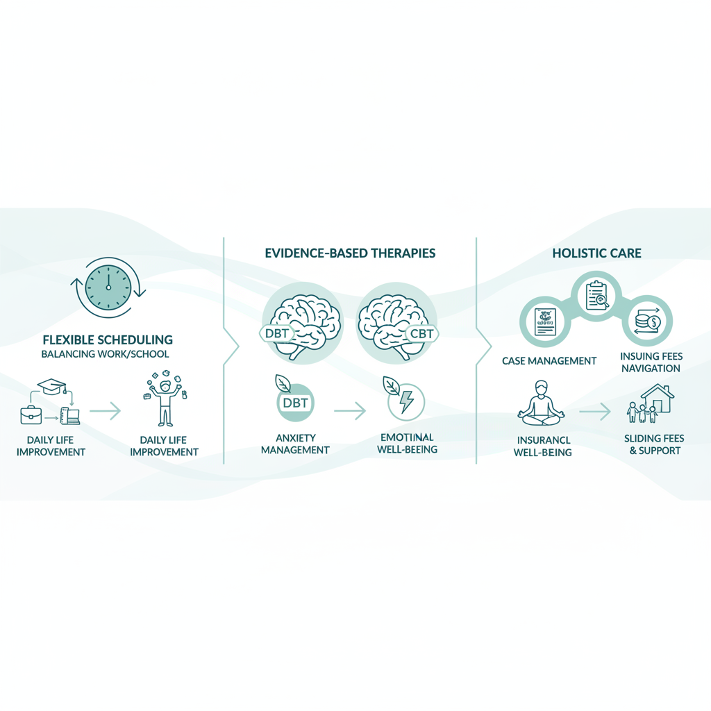 Infographic showing three key benefits of outpatient behavioral health programs: flexible scheduling, evidence-based therapies, and holistic care with insurance support.
