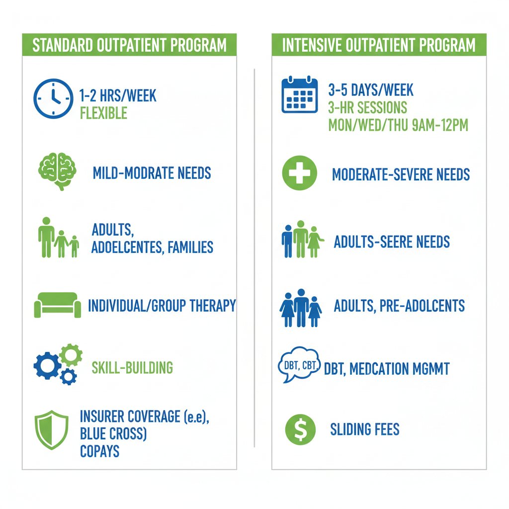 Infographic comparing standard and intensive outpatient mental health programs in Nampa, Idaho.