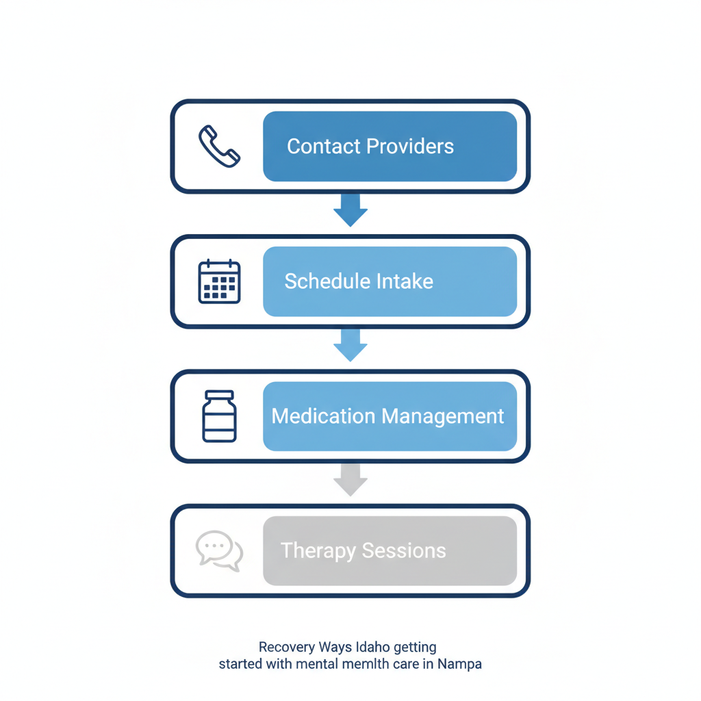 Vertical process flow diagram showing steps to start mental health care at Recovery Ways Idaho in Nampa: contact, intake, medication, therapy.