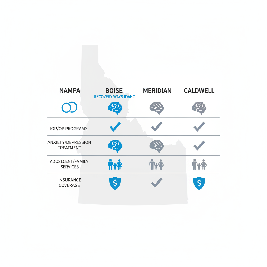 Infographic comparing mental health services availability in Southwest Idaho cities including Nampa, Boise, Meridian, and Caldwell.