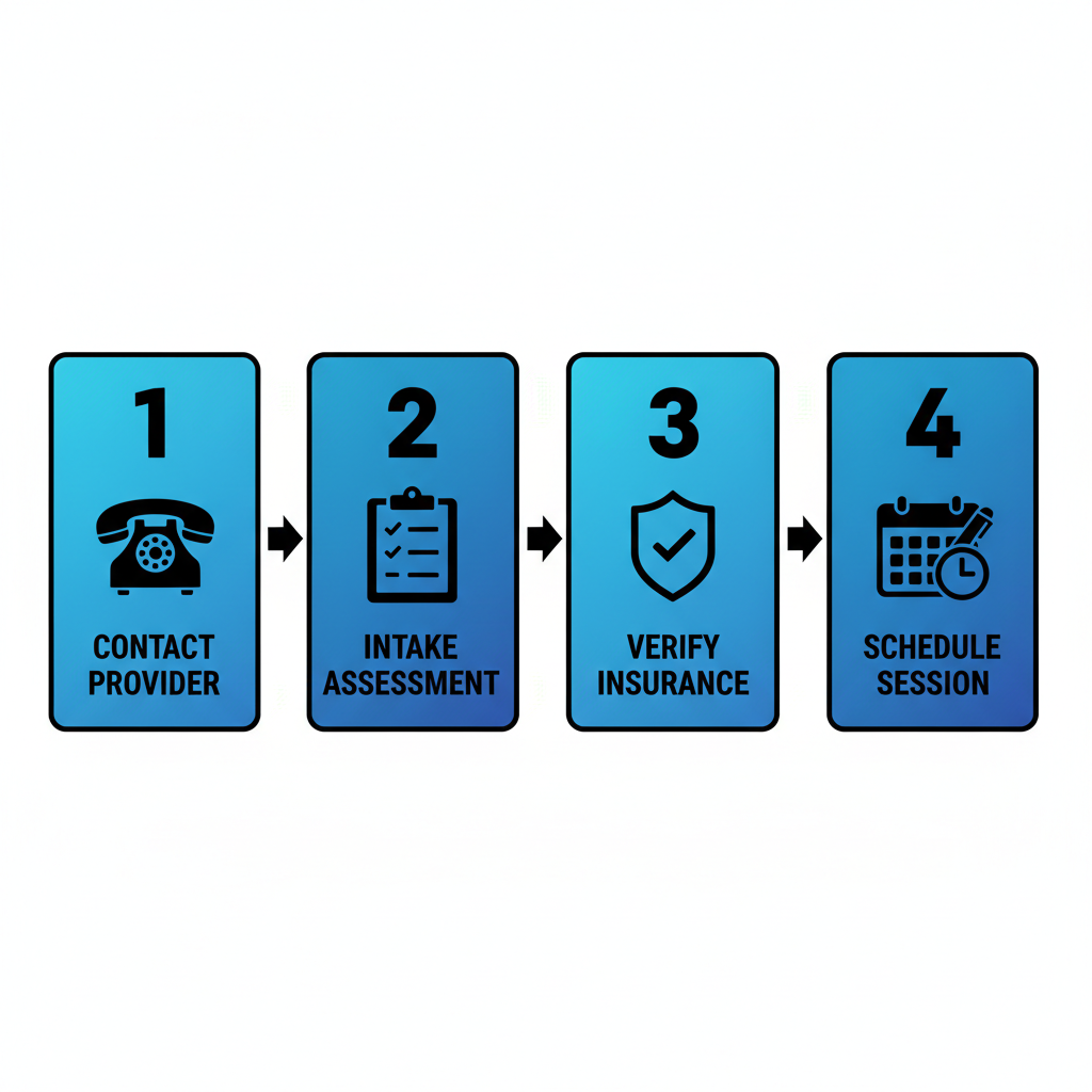 Horizontal process flow diagram with four stages: contact provider with phone icon, intake assessment with form icon, verify insurance with shield icon, schedule session with calendar icon.