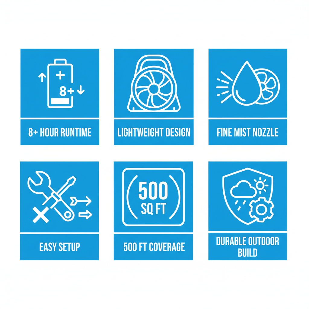 Grid of six icons illustrating key features of a portable misting fan: long battery life, lightweight portability, misting technology, quick setup, wide coverage, and rugged durability.