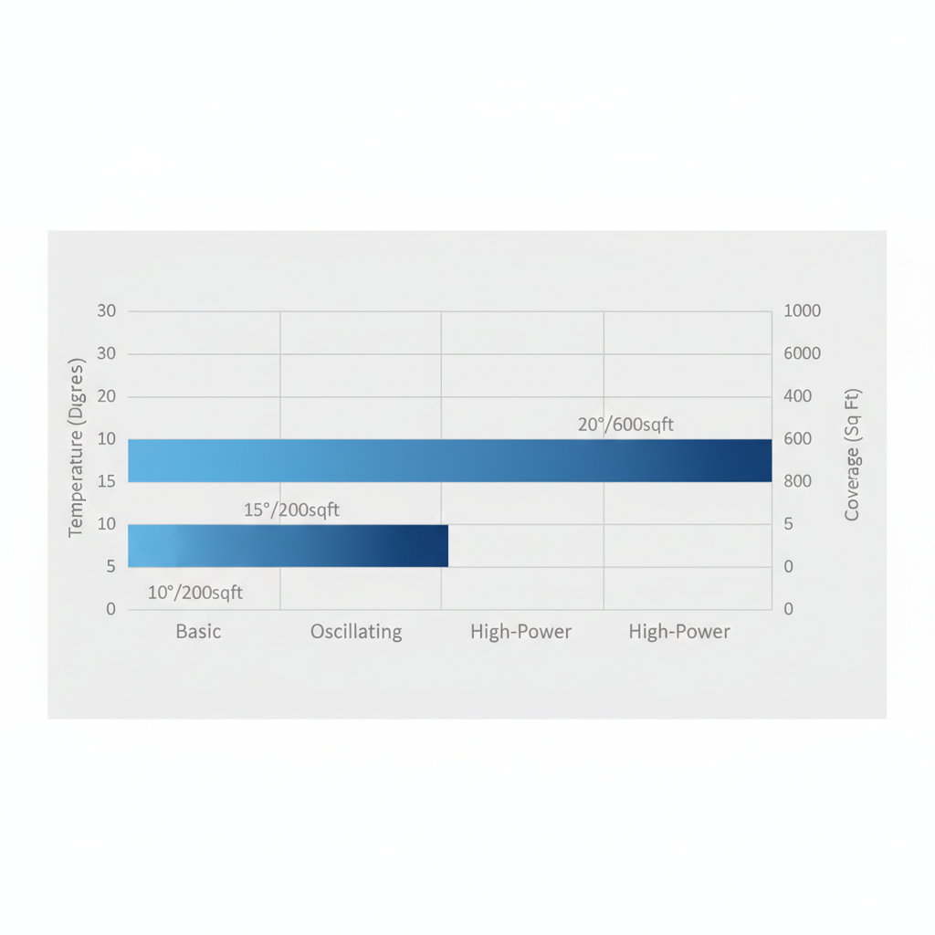 Horizontal bar chart comparing cooling temperature drop and coverage area for basic, oscillating, and high-power misting fans