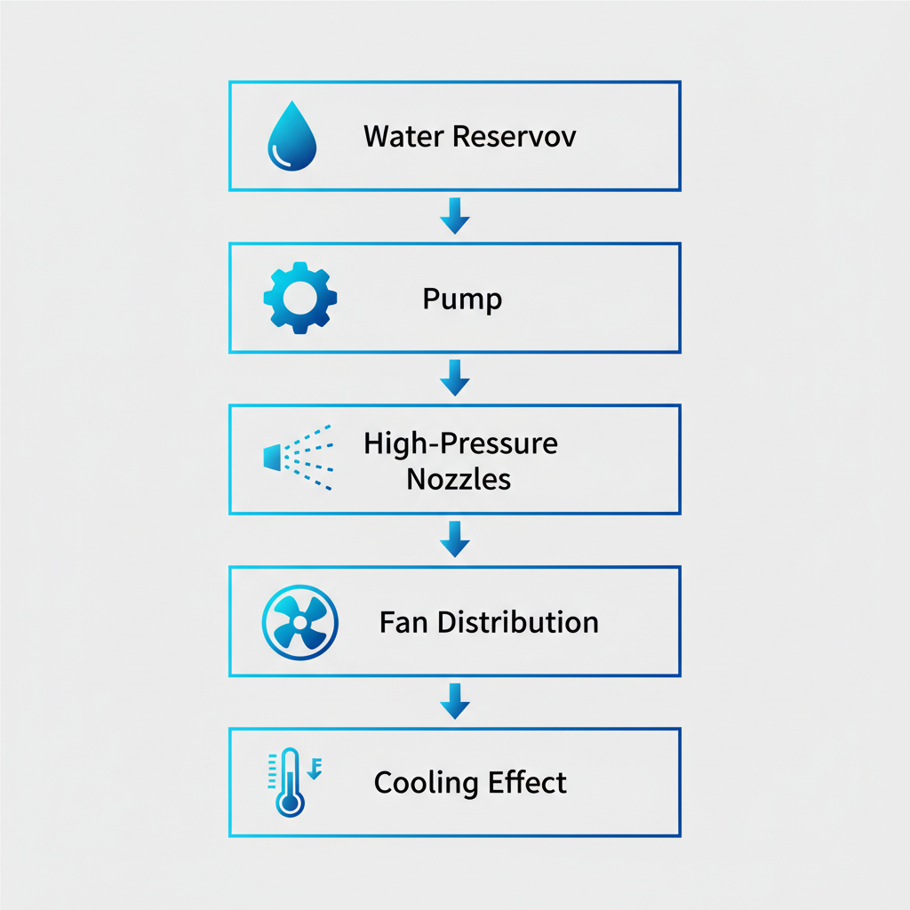 Vertical process flow diagram illustrating the evaporative cooling mechanism in commercial misting fans with icons and labels.