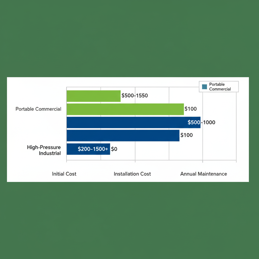 Horizontal bar chart comparing initial, installation, and annual maintenance costs for portable commercial and high-pressure industrial misting fan systems in dollars.