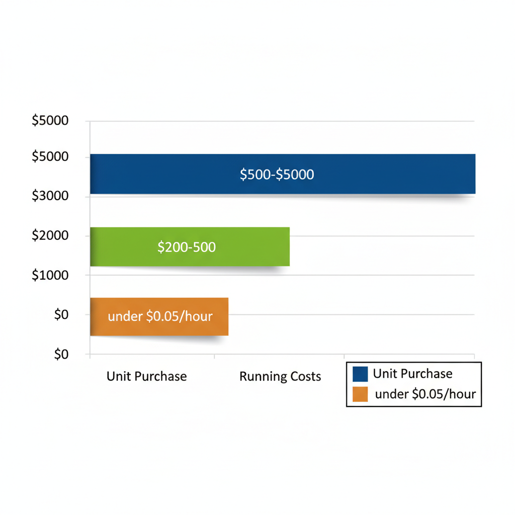 Bar chart of pricing for commercial evaporative air coolers showing unit purchase, installation, and running costs in dollars.