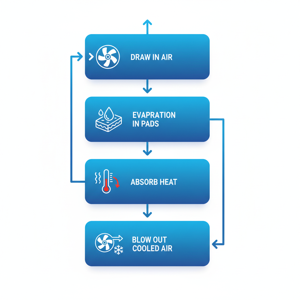 Vertical process flow diagram showing four stages of how commercial evaporative air coolers operate: fan drawing hot air, evaporation through pads, heat absorption cooling by up to 30 degrees, and blowing cooled air to outdoor areas.