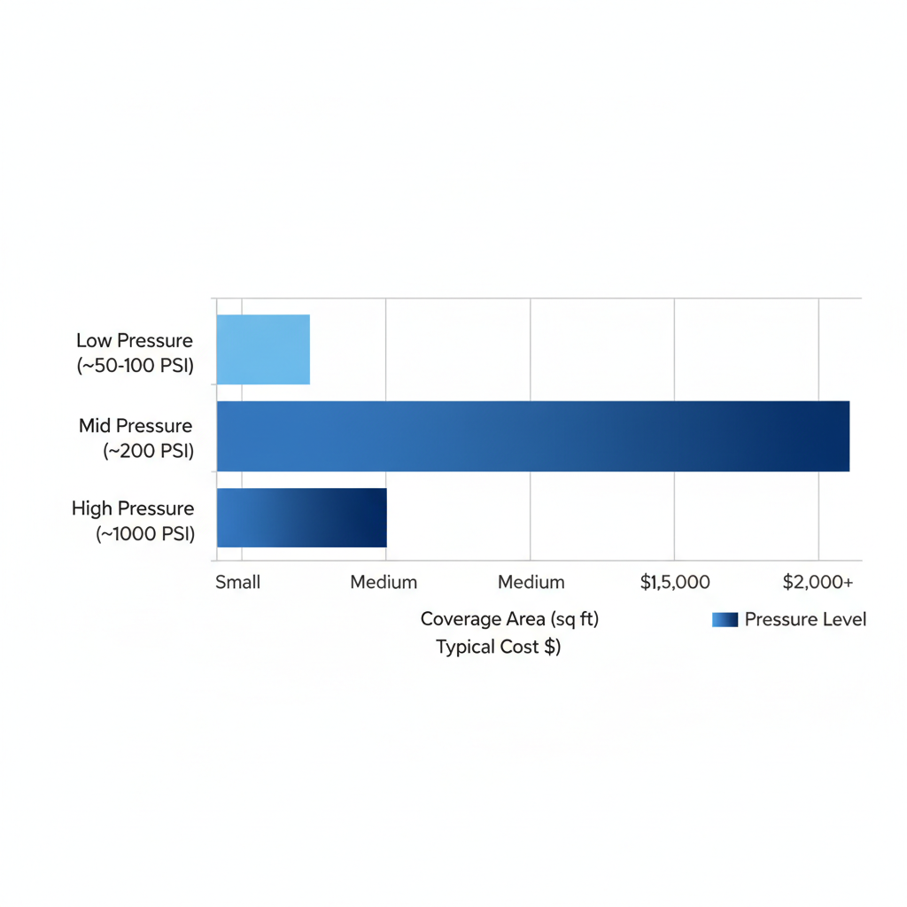 Horizontal bar chart comparing commercial misting system pressure levels by coverage area and cost