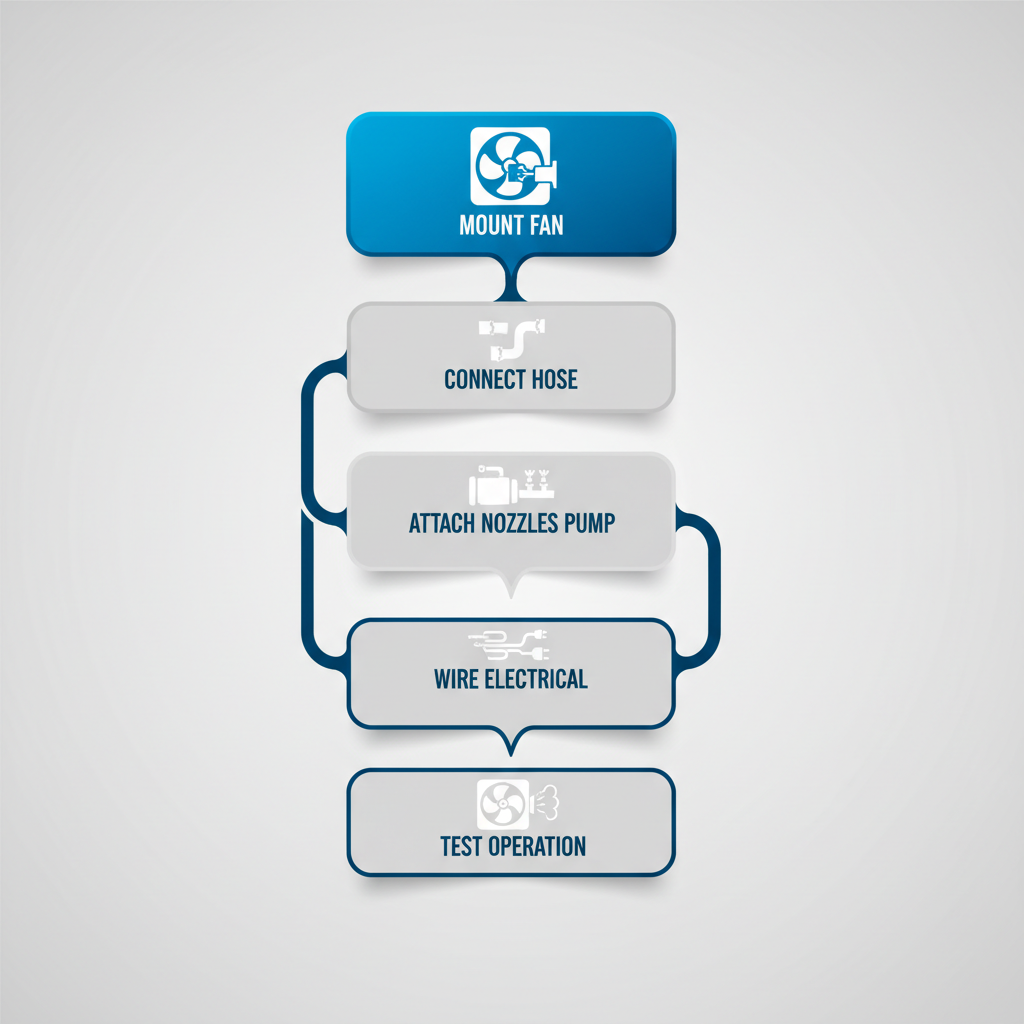 Vertical process flow diagram illustrating the five-step installation of a commercial misting fan system.