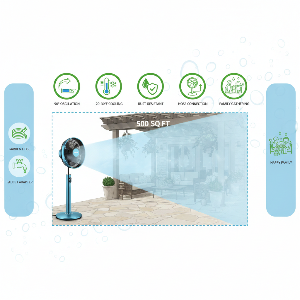 Infographic illustrating misting fan's superior coverage on a 500 sq ft patio, featuring oscillation, cooling, materials, and height icons in blue and green tones.