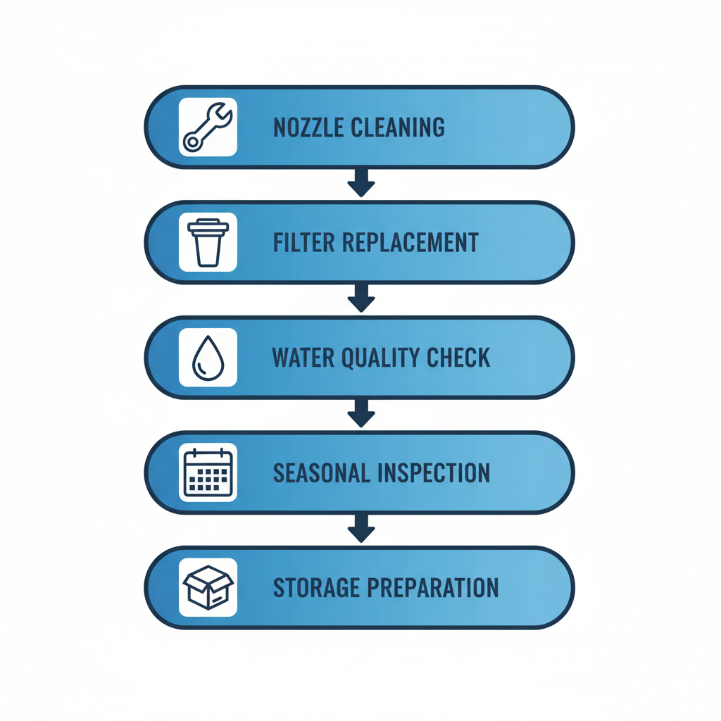 Vertical process flow diagram illustrating five key maintenance steps for misting fans: nozzle cleaning, filter replacement, water quality check, seasonal inspection, and storage preparation.