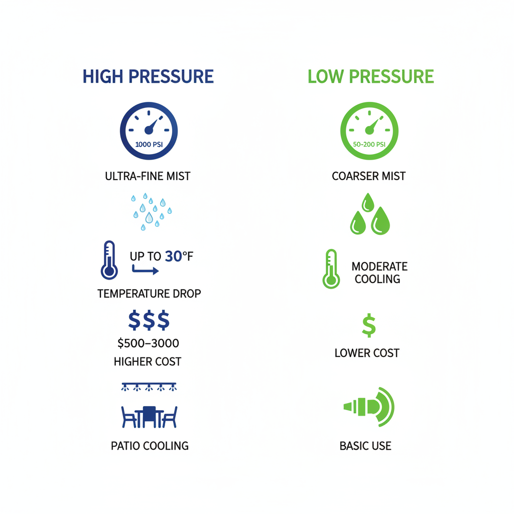 Infographic comparing features of high pressure and low pressure misting systems with icons and metrics.