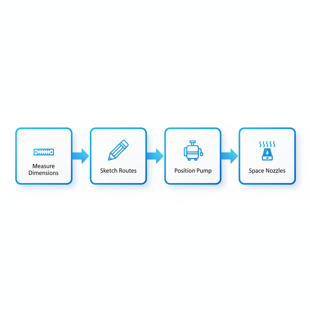 Horizontal process flow diagram illustrating four steps for planning a misting system layout, including measurement, sketching, pump positioning, and nozzle spacing with relevant icons.