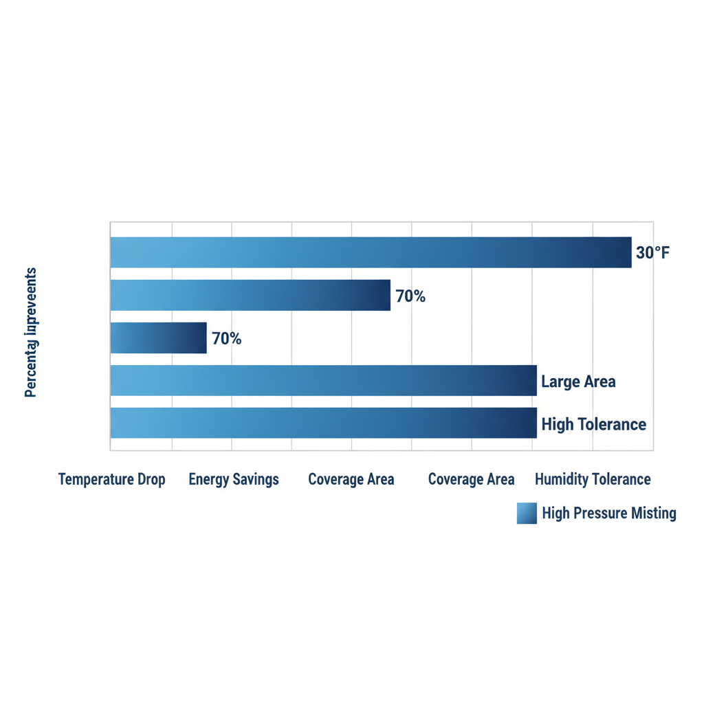 Horizontal bar chart illustrating key advantages of high pressure misting systems including temperature reduction and energy efficiency