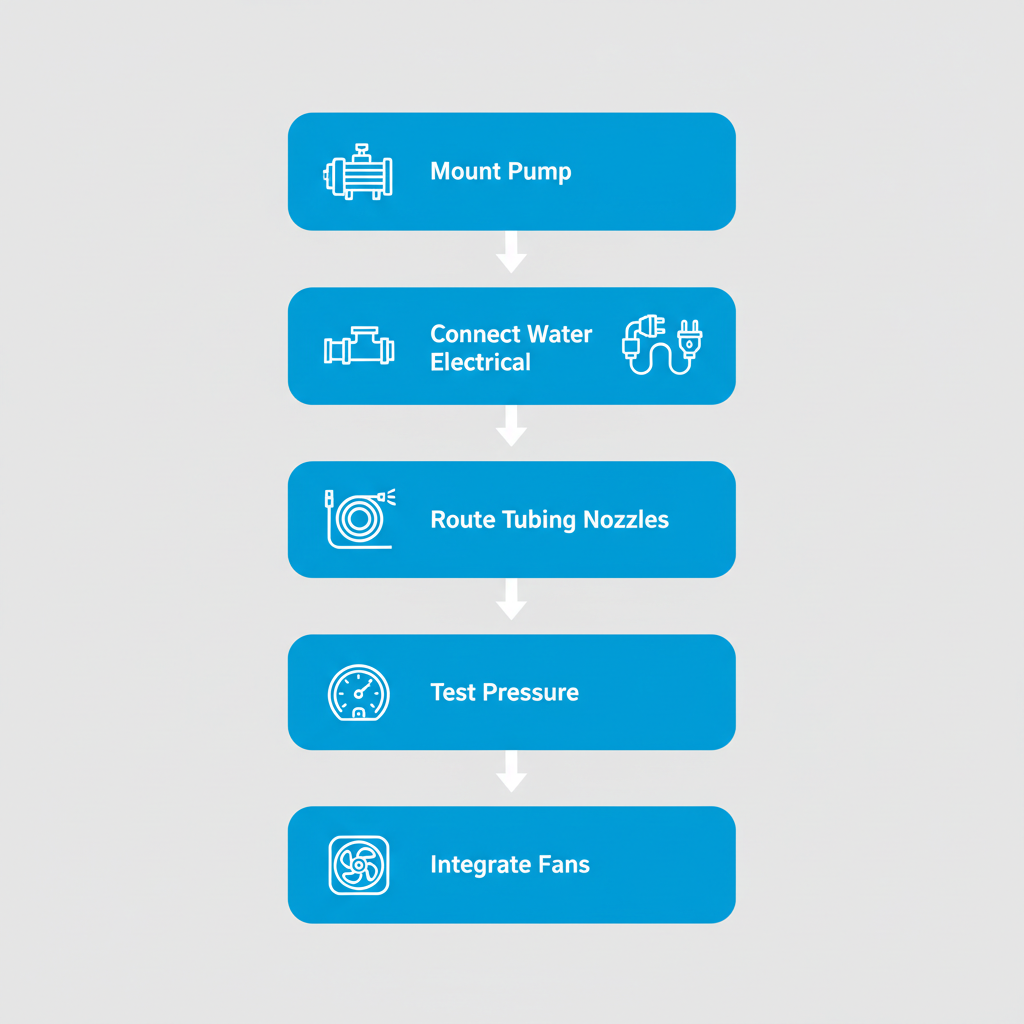 Vertical diagram showing five steps to install high pressure misting systems with icons.