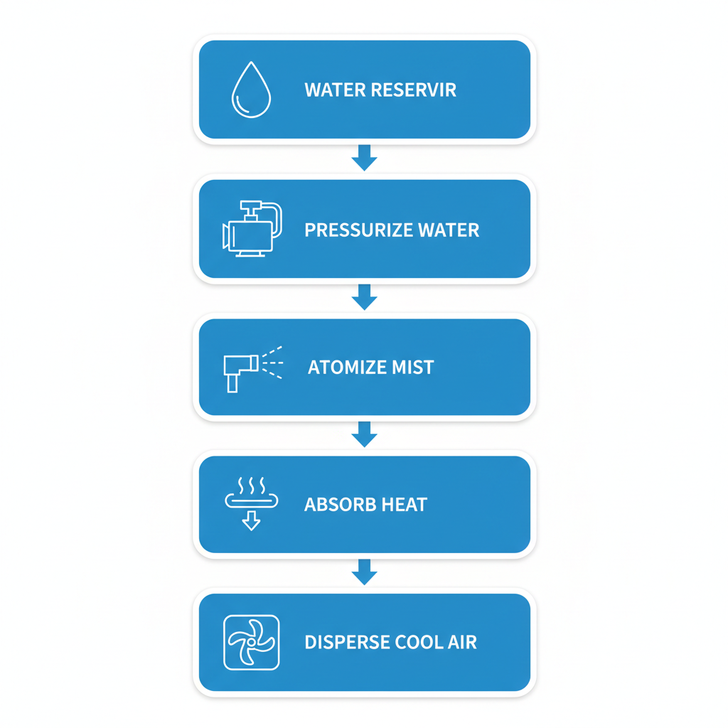 Vertical diagram illustrating the five-stage evaporative cooling process of misting fans