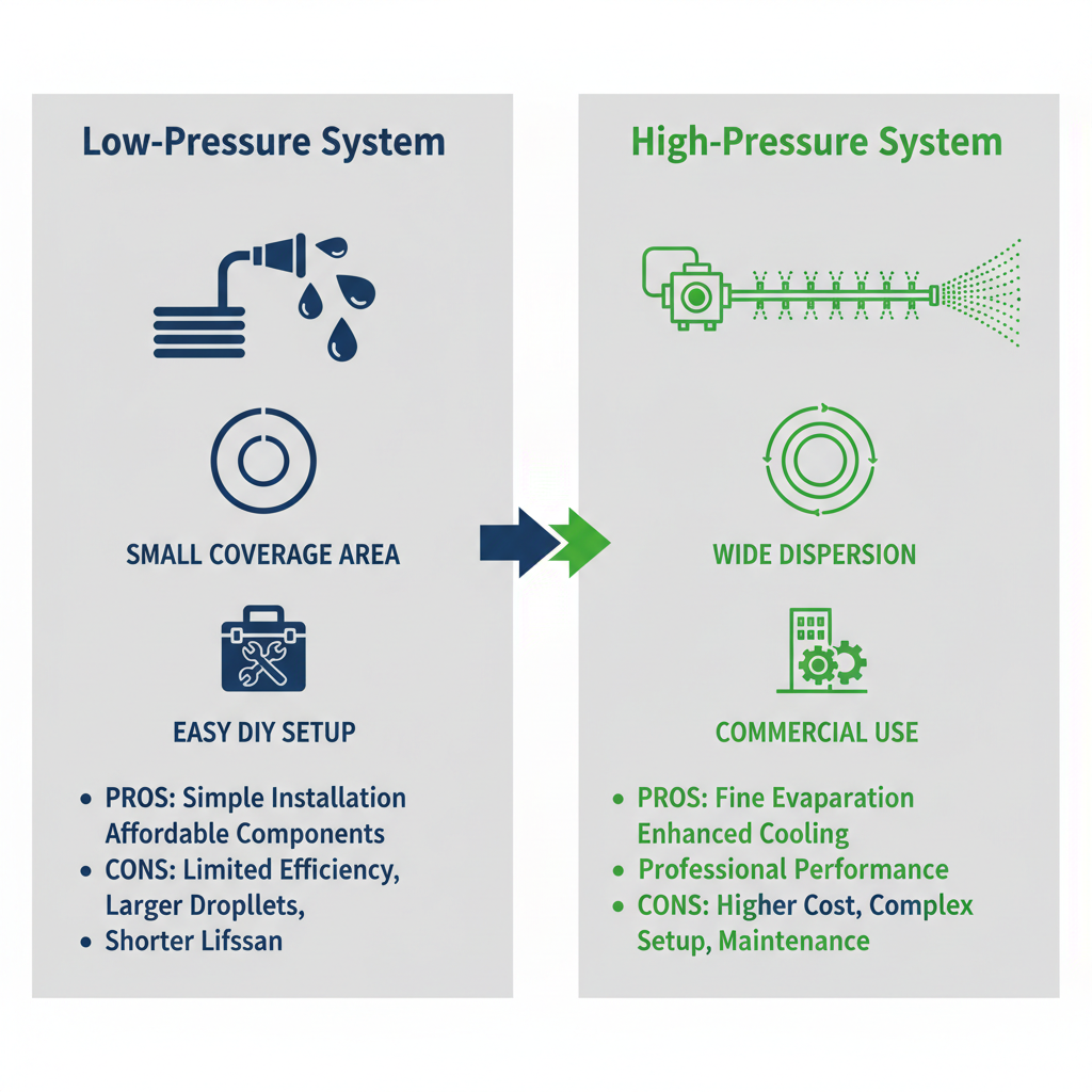 Infographic comparing low-pressure and high-pressure misting systems with icons and labels for features and pros cons