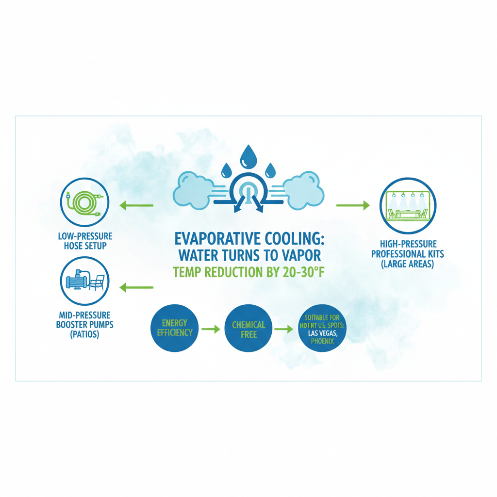Infographic illustrating evaporative cooling in mist systems, pressure types, and outdoor cooling benefits.
