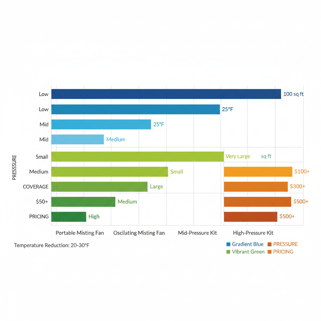 Horizontal bar chart comparing Cool-Off misting systems by pressure levels, coverage areas, and pricing ranges.