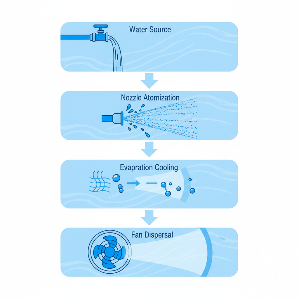 Vertical process flow diagram illustrating the four stages of misting fan mechanics: water connection, mist atomization, heat absorption, and fan dispersal.