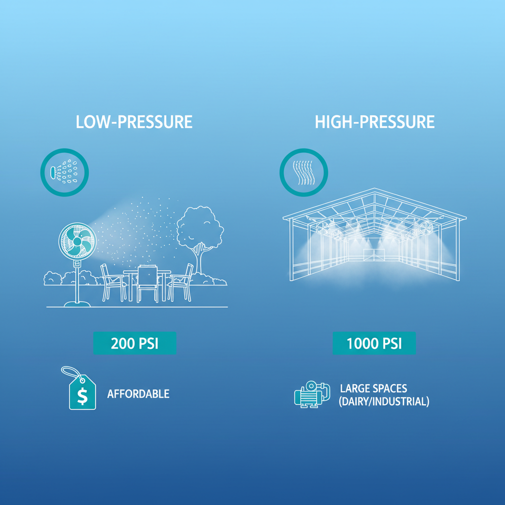 Infographic comparing features of low-pressure and high-pressure misting fans for residential and industrial use