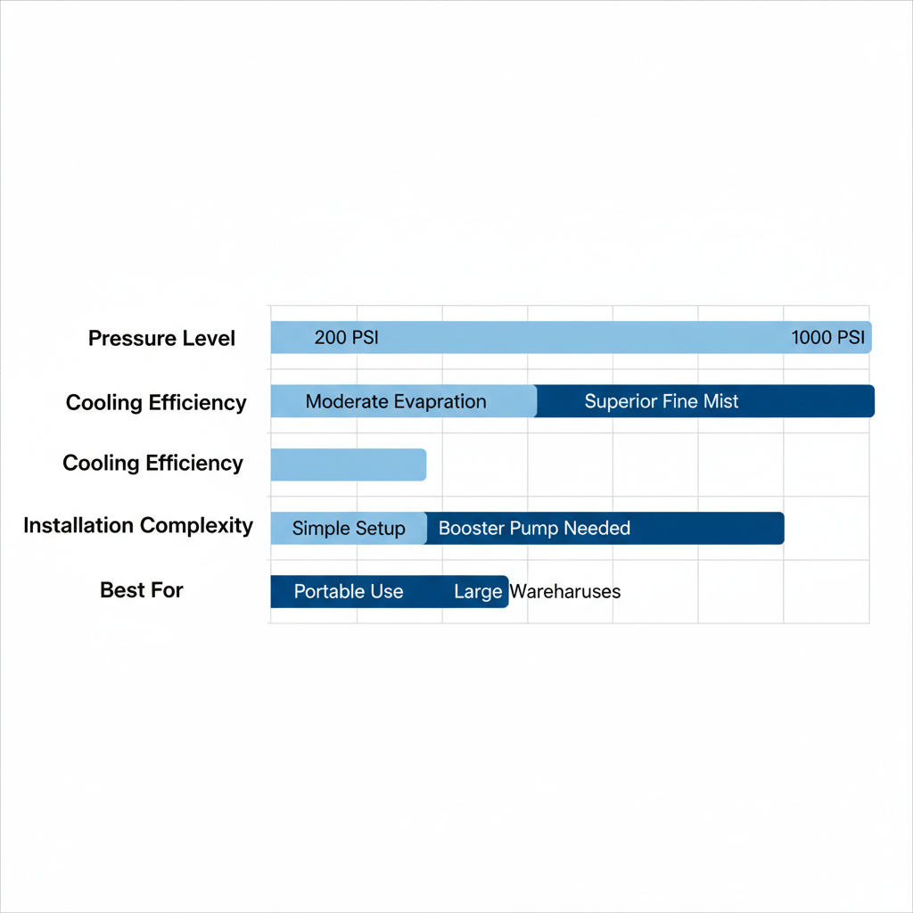 Horizontal bar chart comparing low-pressure and high-pressure industrial misting fans features including pressure levels, cooling efficiency, installation complexity, and best uses with light and dark blue bars.