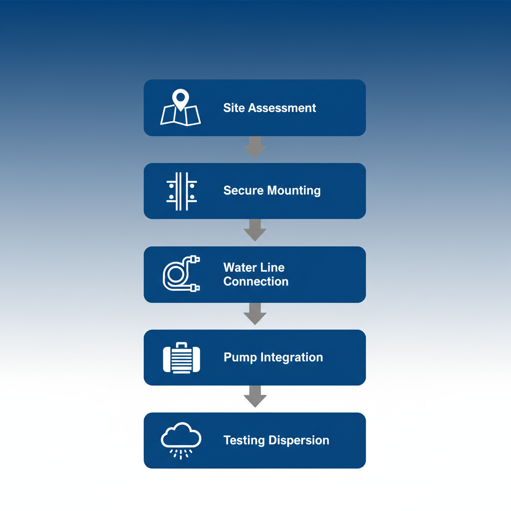 Vertical process flow diagram illustrating five installation steps for industrial outdoor misting fans with icons and labels.