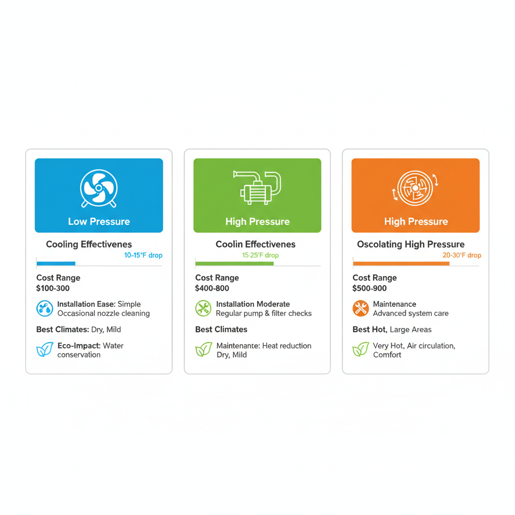 Infographic comparing low pressure fans, high pressure kits, and oscillating high pressure fans for patio misting options including cooling, cost, and environmental benefits
