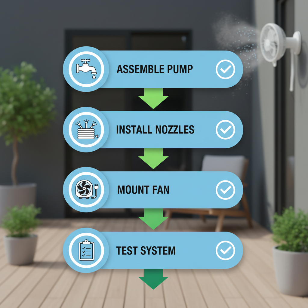 Vertical process flow diagram illustrating four installation steps for high pressure misting fan kits on a patio
