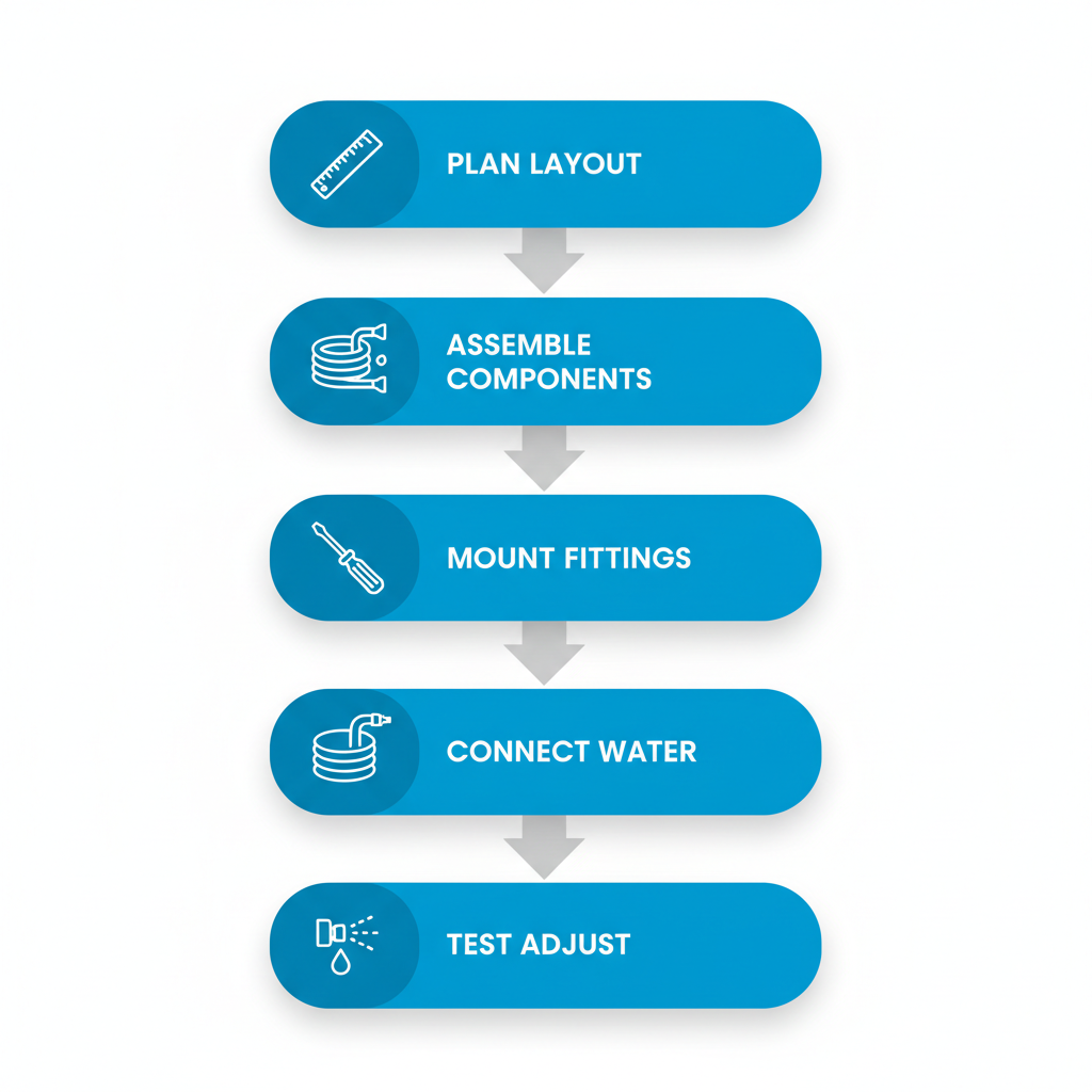 Vertical process flow diagram showing five steps to install a DIY patio misting kit with icons and labels