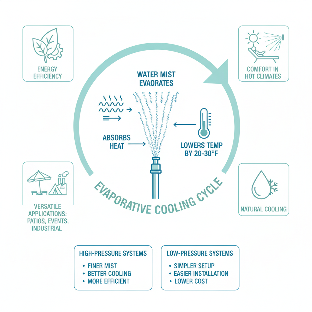 Infographic illustrating evaporative cooling with outdoor misters, temperature reduction, benefits, and system comparisons