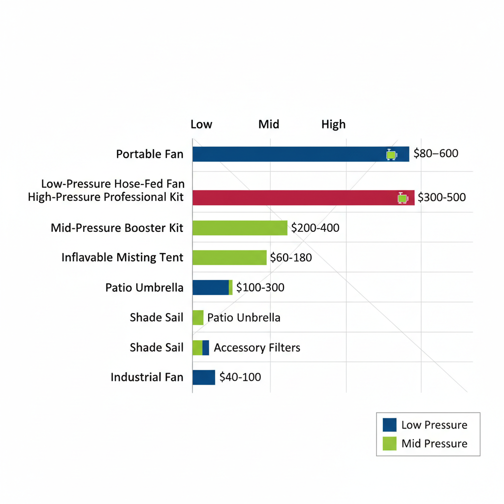 Horizontal bar chart comparing Cool-Off misting tools by pressure levels and pricing ranges, with color-coded bars and feature icons.
