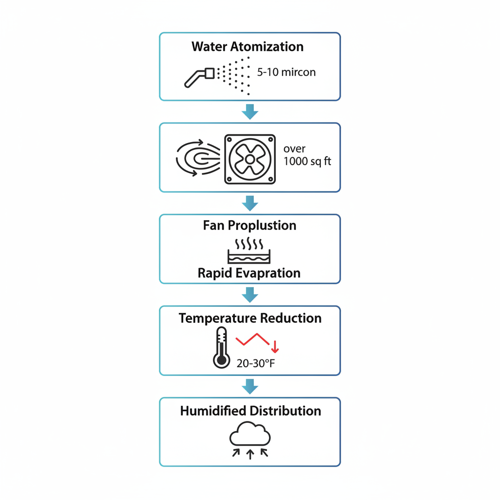 Vertical process flow diagram illustrating evaporative cooling in misting fans with five stages and icons