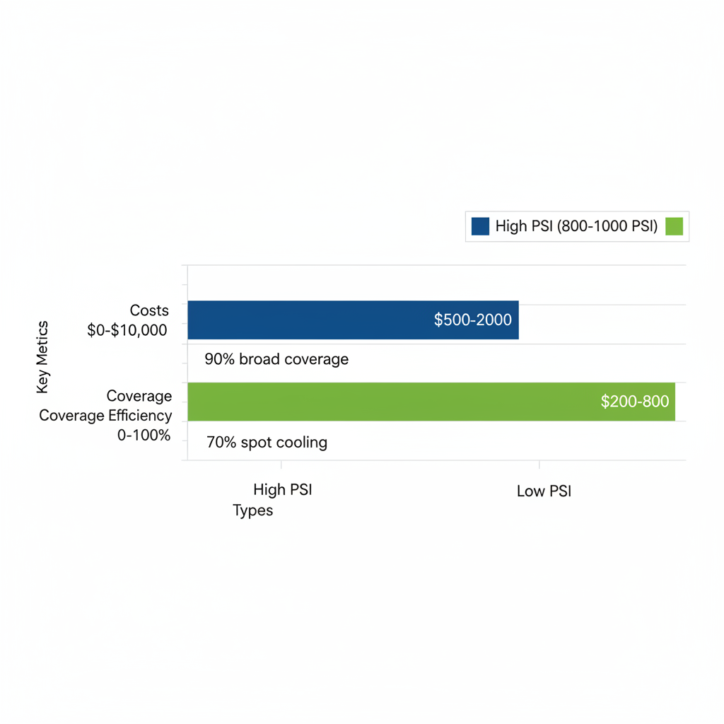 Horizontal bar chart comparing high and low pressure misting fans for costs and coverage efficiency