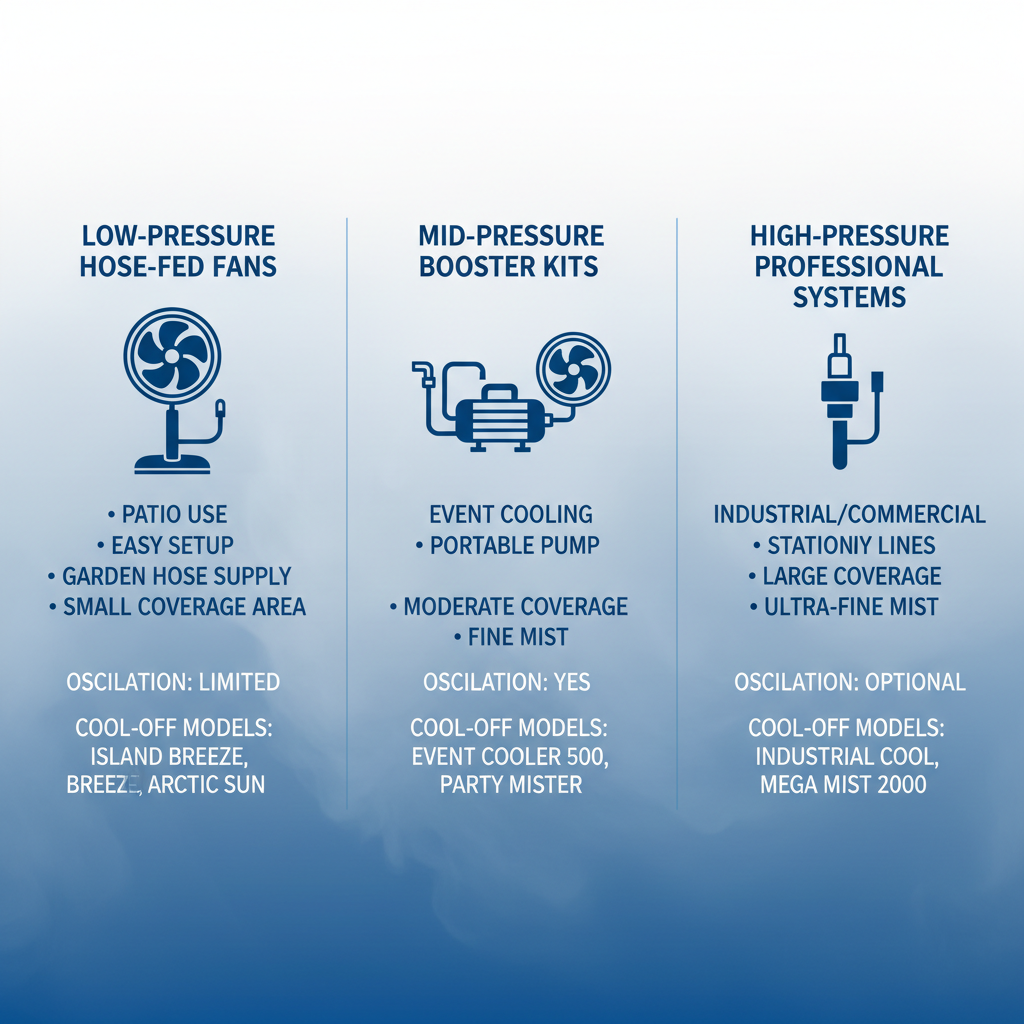 Infographic showing three types of misting fans: low-pressure for patios, mid-pressure for events, and high-pressure for industrial use, with icons, features, and model examples.